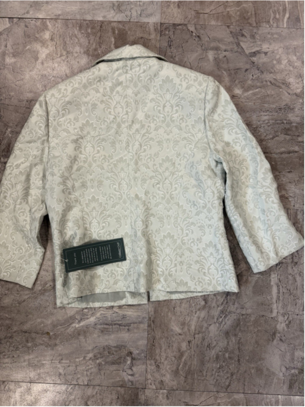 NWT Coldwater Creek Pale Green Sequin Damask Print Button Jacket 3/4 Sleeve 8 - Picture 7 of 7